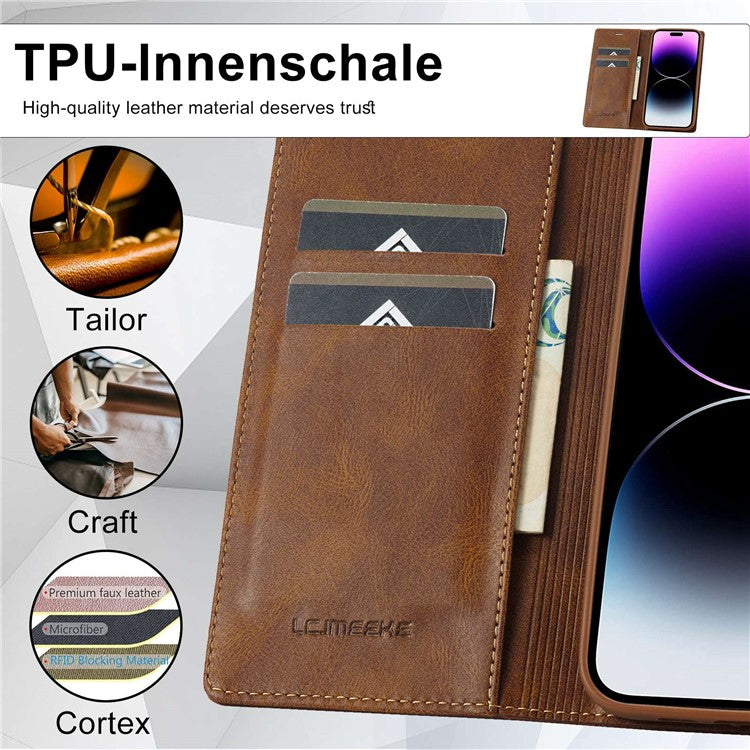 LC.IMEEKE For iPhone 14 Pro Max RFID Blocking Phone Case Magnetic Closure PU Leather Wallet Stand Cover - Brown