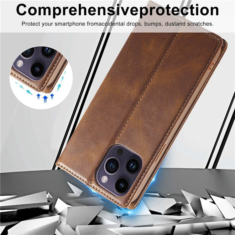 LC.IMEEKE For iPhone 14 Pro Max RFID Blocking Phone Case Magnetic Closure PU Leather Wallet Stand Cover - Brown