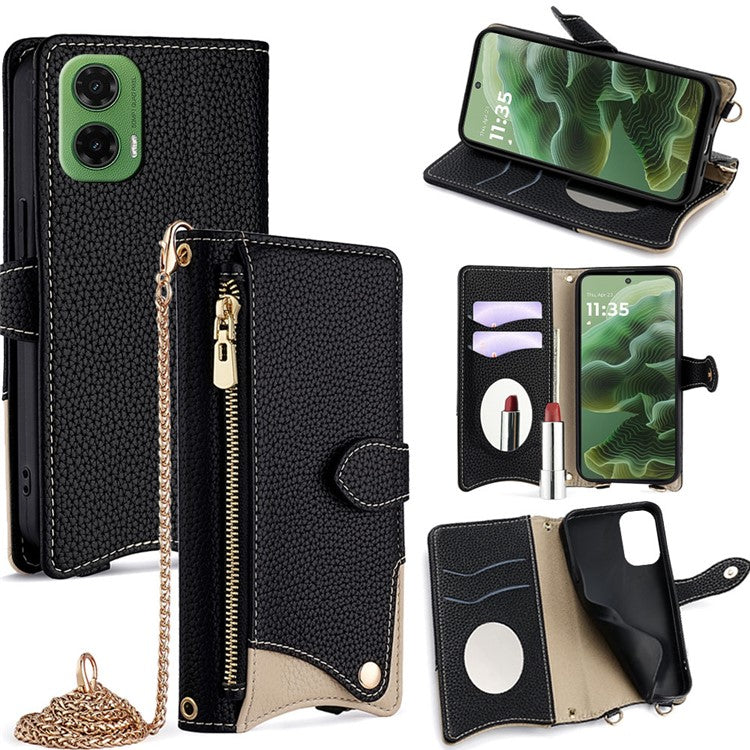 For Motorola Moto G35 5G Leather Case Wallet Stand Cover Irregular Tail Style with Chain Strap - Black