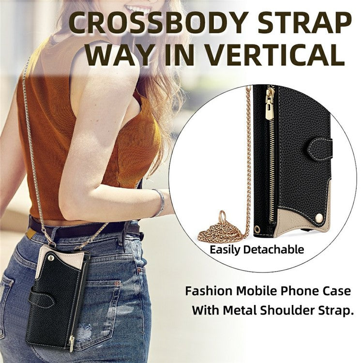For Motorola Moto G35 5G Leather Case Wallet Stand Cover Irregular Tail Style with Chain Strap - Black