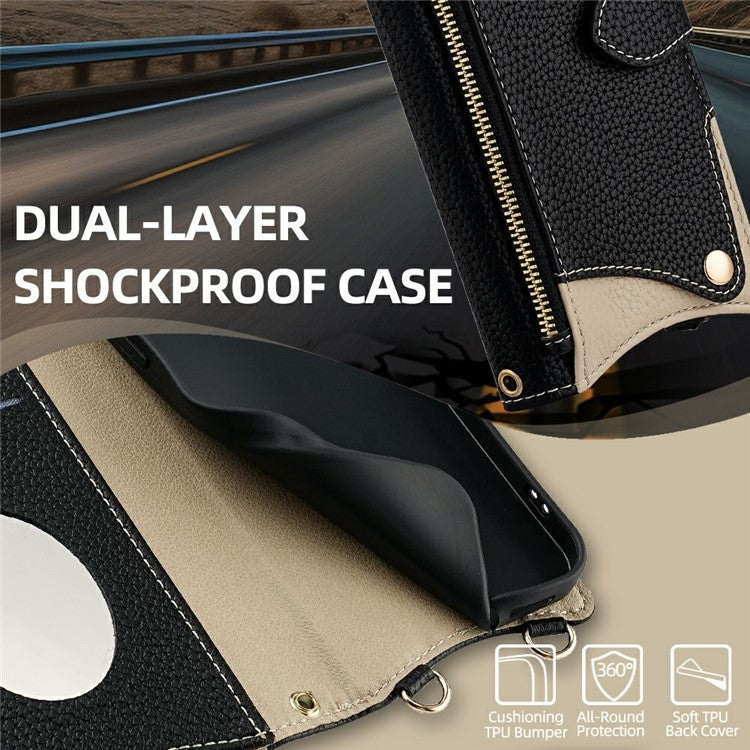 For Motorola Moto G35 5G Leather Case Wallet Stand Cover Irregular Tail Style with Chain Strap - Black