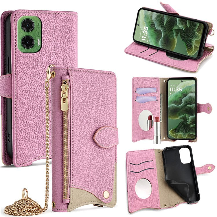 For Motorola Moto G35 5G Leather Case Wallet Stand Cover Irregular Tail Style with Chain Strap - Pink