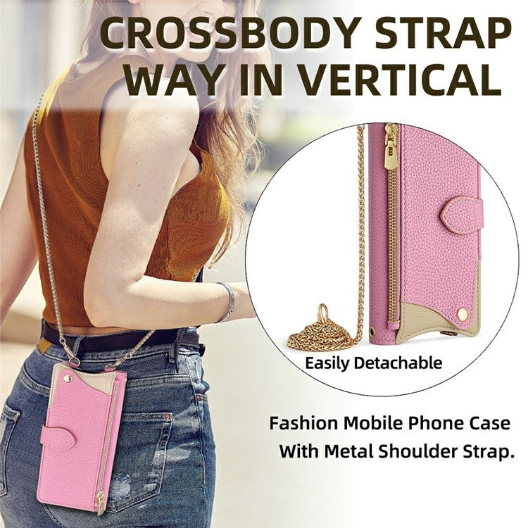 For Motorola Moto G35 5G Leather Case Wallet Stand Cover Irregular Tail Style with Chain Strap - Pink
