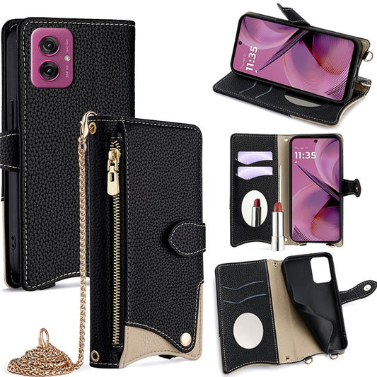 For Motorola Moto G55 5G Leather Case Wallet Stand Cover Irregular Tail Style with Chain Strap - Black