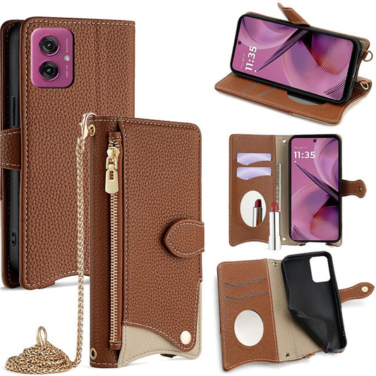 For Motorola Moto G55 5G Leather Case Wallet Stand Cover Irregular Tail Style with Chain Strap - Brown