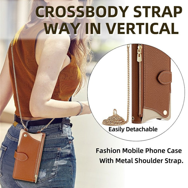 For Motorola Moto G55 5G Leather Case Wallet Stand Cover Irregular Tail Style with Chain Strap - Brown