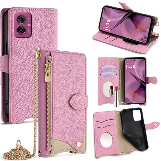 For Motorola Moto G55 5G Leather Case Wallet Stand Cover Irregular Tail Style with Chain Strap - Pink