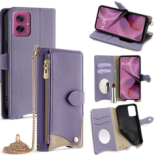 For Motorola Moto G55 5G Leather Case Wallet Stand Cover Irregular Tail Style with Chain Strap - Purple