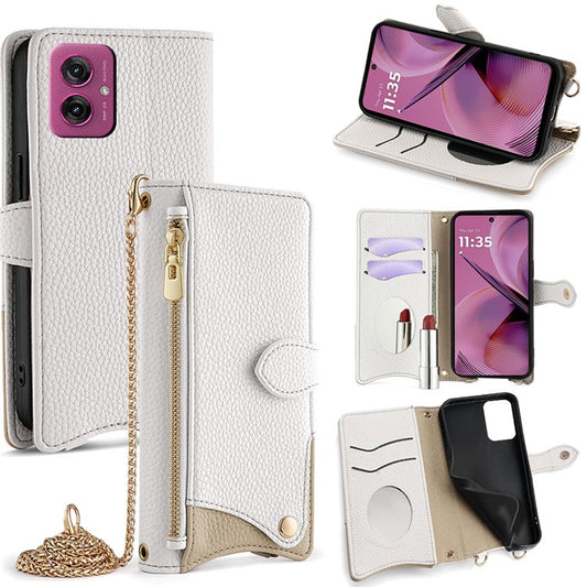 For Motorola Moto G55 5G Leather Case Wallet Stand Cover Irregular Tail Style with Chain Strap - White