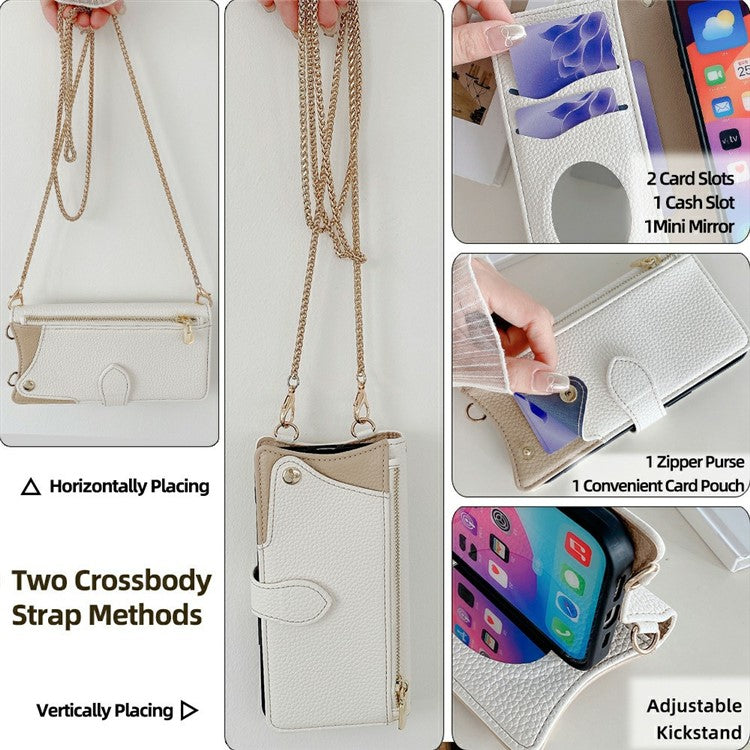 For Motorola Moto G55 5G Leather Case Wallet Stand Cover Irregular Tail Style with Chain Strap - White