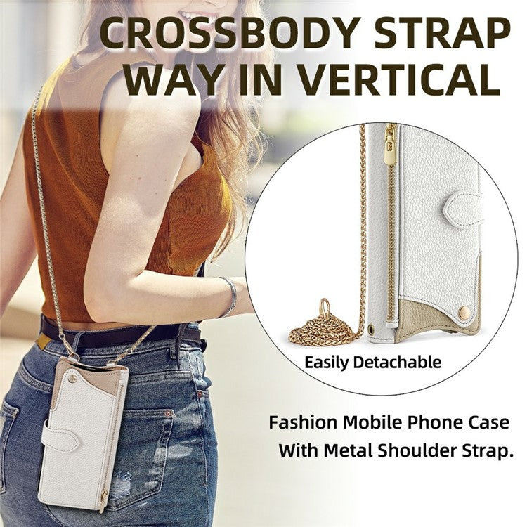 For Motorola Moto G55 5G Leather Case Wallet Stand Cover Irregular Tail Style with Chain Strap - White
