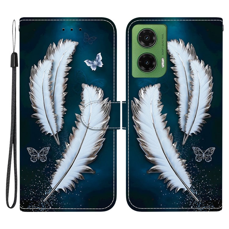 For Motorola Moto G35 5G Case Pattern Printing Anti-Drop Leather Flip Wallet Phone Cover with Lanyard - White Butterfly Feather