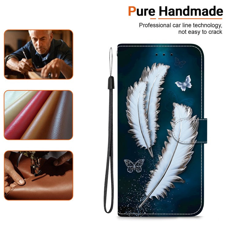 For Motorola Moto G35 5G Case Pattern Printing Anti-Drop Leather Flip Wallet Phone Cover with Lanyard - White Butterfly Feather
