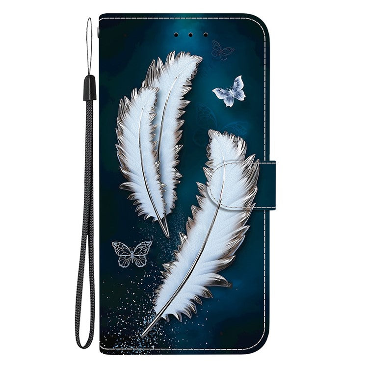 For Motorola Moto G35 5G Case Pattern Printing Anti-Drop Leather Flip Wallet Phone Cover with Lanyard - White Butterfly Feather