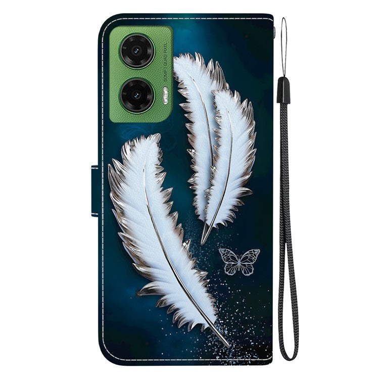 For Motorola Moto G35 5G Case Pattern Printing Anti-Drop Leather Flip Wallet Phone Cover with Lanyard - White Butterfly Feather