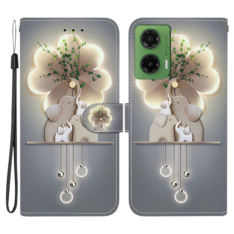 For Motorola Moto G35 5G Case Pattern Printing Anti-Drop Leather Flip Wallet Phone Cover with Lanyard - Three Elephants