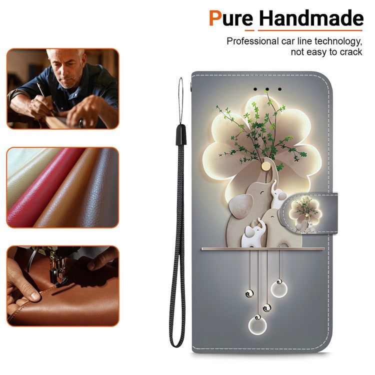 For Motorola Moto G35 5G Case Pattern Printing Anti-Drop Leather Flip Wallet Phone Cover with Lanyard - Three Elephants