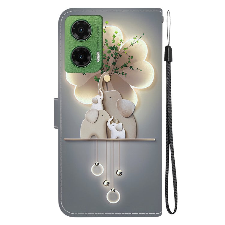 For Motorola Moto G35 5G Case Pattern Printing Anti-Drop Leather Flip Wallet Phone Cover with Lanyard - Three Elephants