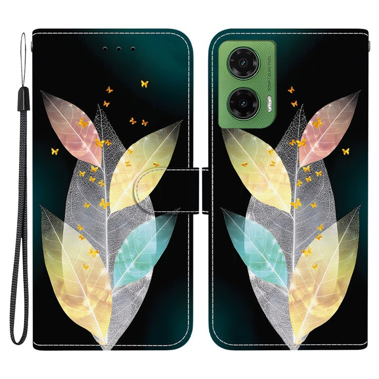 For Motorola Moto G35 5G Case Pattern Printing Anti-Drop Leather Flip Wallet Phone Cover with Lanyard - Colored Leaves
