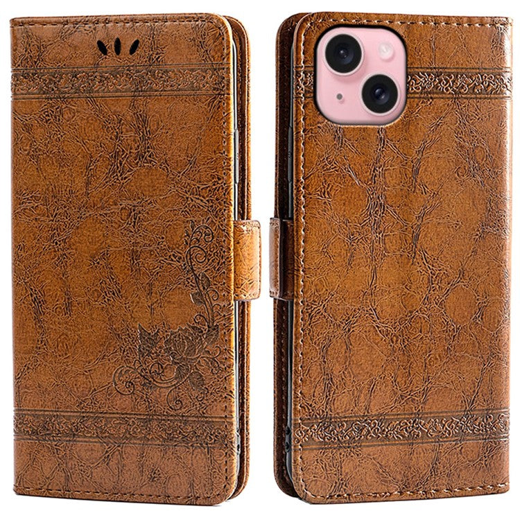 For iPhone 14 Leather Case Flower Imprint Wallet Phone Cover with Side Buckle - Brown