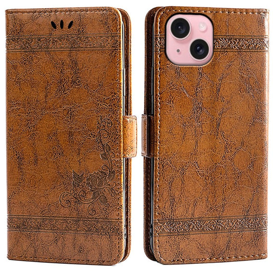 For iPhone 14 Leather Case Flower Imprint Wallet Phone Cover with Side Buckle - Brown