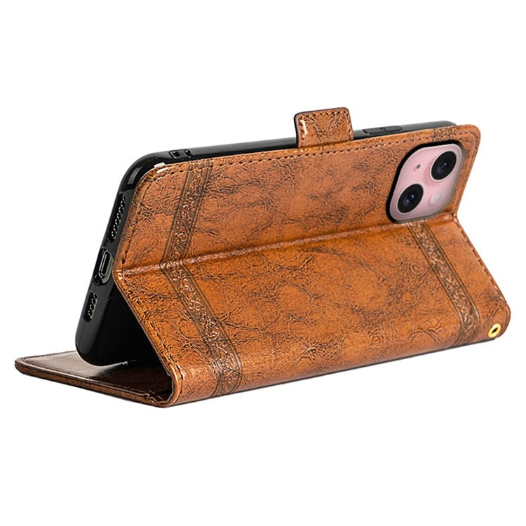 For iPhone 14 Leather Case Flower Imprint Wallet Phone Cover with Side Buckle - Brown