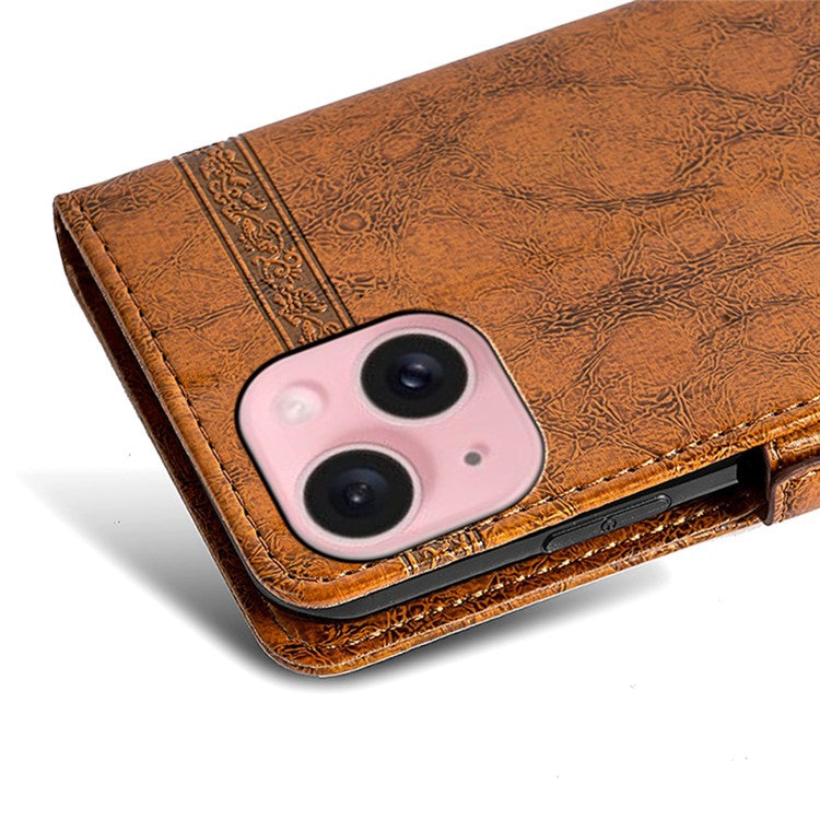 For iPhone 14 Leather Case Flower Imprint Wallet Phone Cover with Side Buckle - Brown