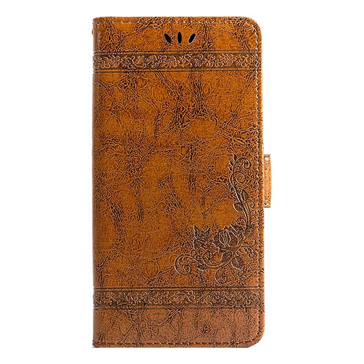 For iPhone 14 Leather Case Flower Imprint Wallet Phone Cover with Side Buckle - Brown