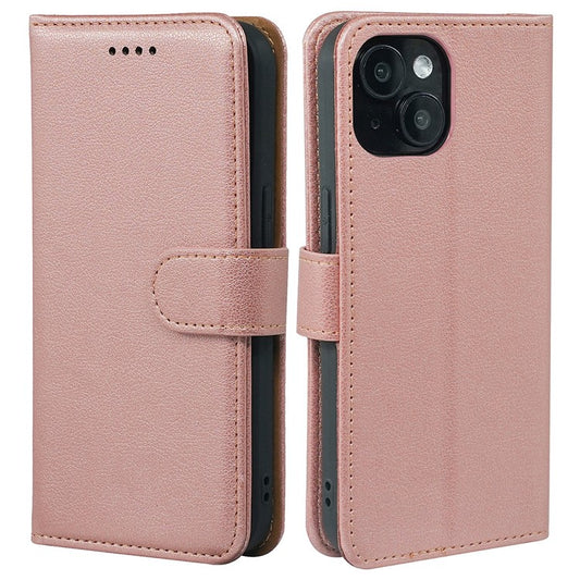 For iPhone 14 Leather Case Litchi Texture Wallet RFID Blocking Phone Cover - Rose Gold
