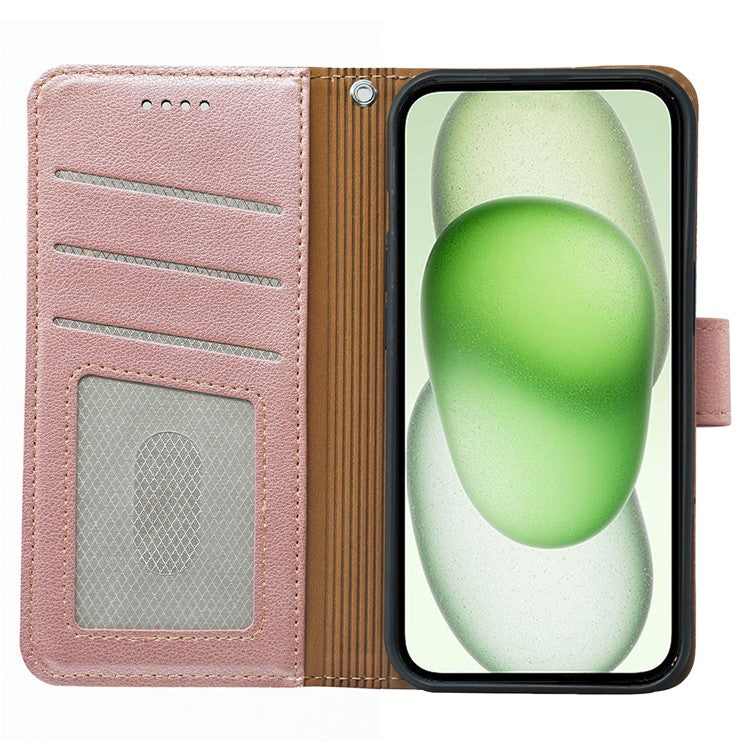 For iPhone 14 Leather Case Litchi Texture Wallet RFID Blocking Phone Cover - Rose Gold