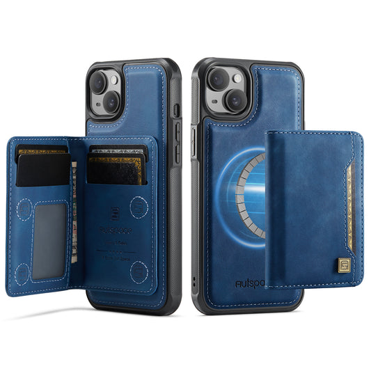 For iPhone 14 Case AUTSPACE A13 Vintage Leather Back Cover with Magnetic Detachable Card Bag - Blue