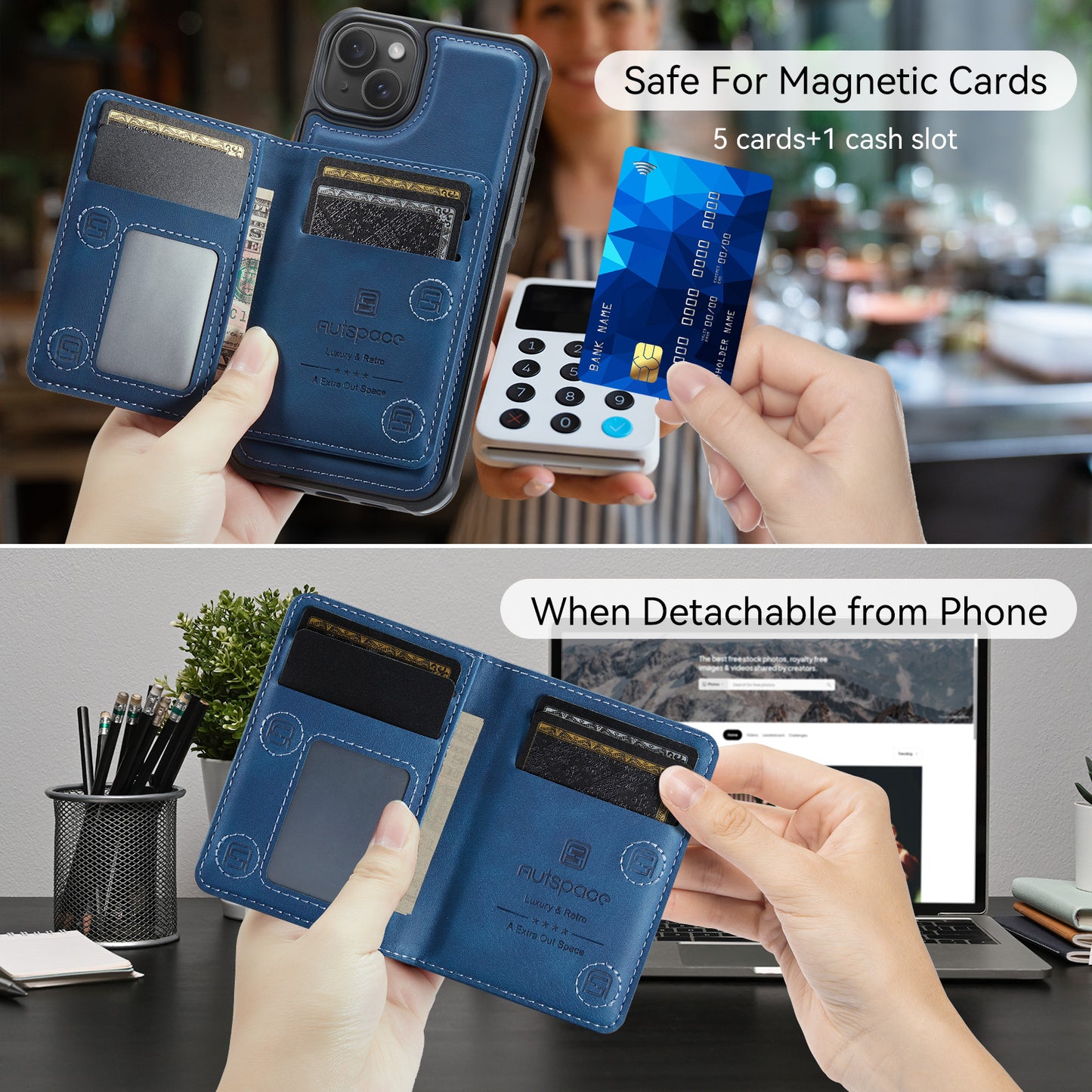 For iPhone 14 Case AUTSPACE A13 Vintage Leather Back Cover with Magnetic Detachable Card Bag - Blue