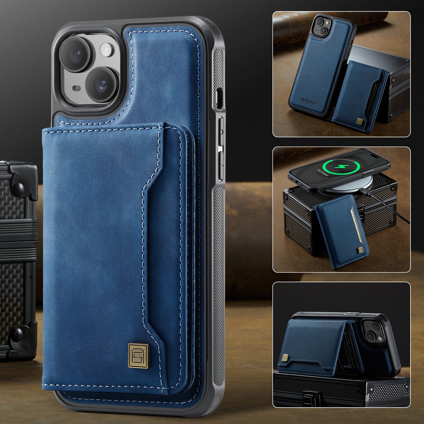 For iPhone 14 Case AUTSPACE A13 Vintage Leather Back Cover with Magnetic Detachable Card Bag - Blue