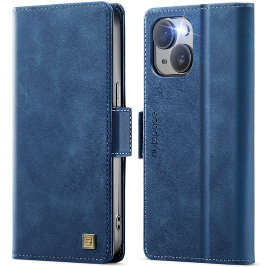 For iPhone 14 Case AUTSPACE A11 RFID Blocking Retro Leather Cell Phone Wallet Cover - Blue