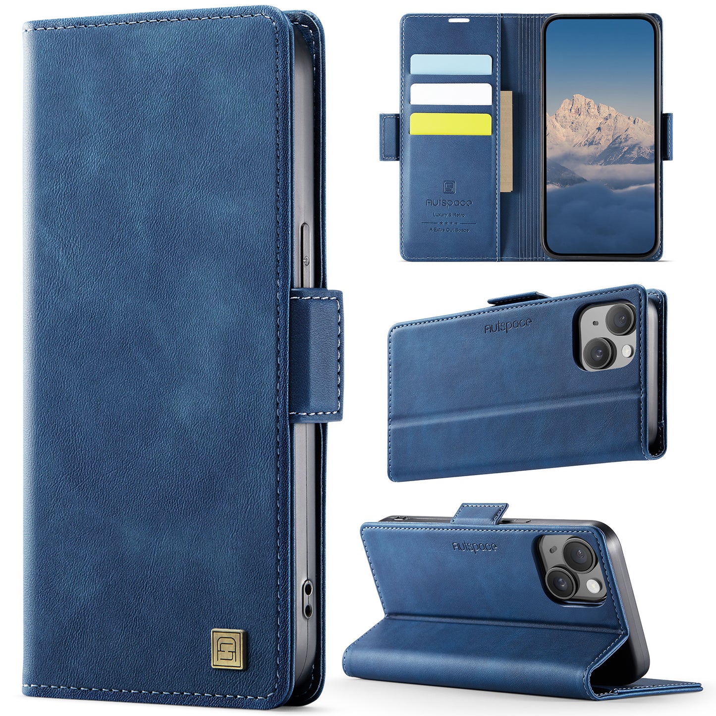 For iPhone 14 Case AUTSPACE A11 RFID Blocking Retro Leather Cell Phone Wallet Cover - Blue