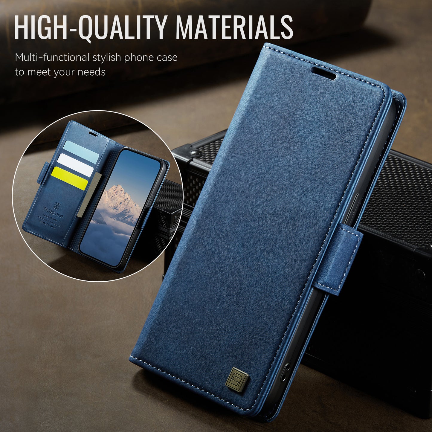 For iPhone 14 Case AUTSPACE A11 RFID Blocking Retro Leather Cell Phone Wallet Cover - Blue
