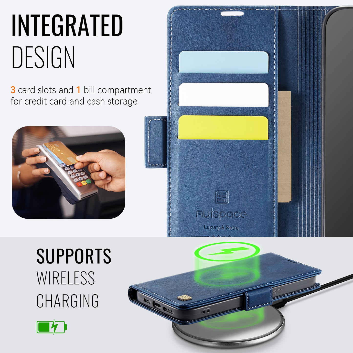 For iPhone 14 Case AUTSPACE A11 RFID Blocking Retro Leather Cell Phone Wallet Cover - Blue