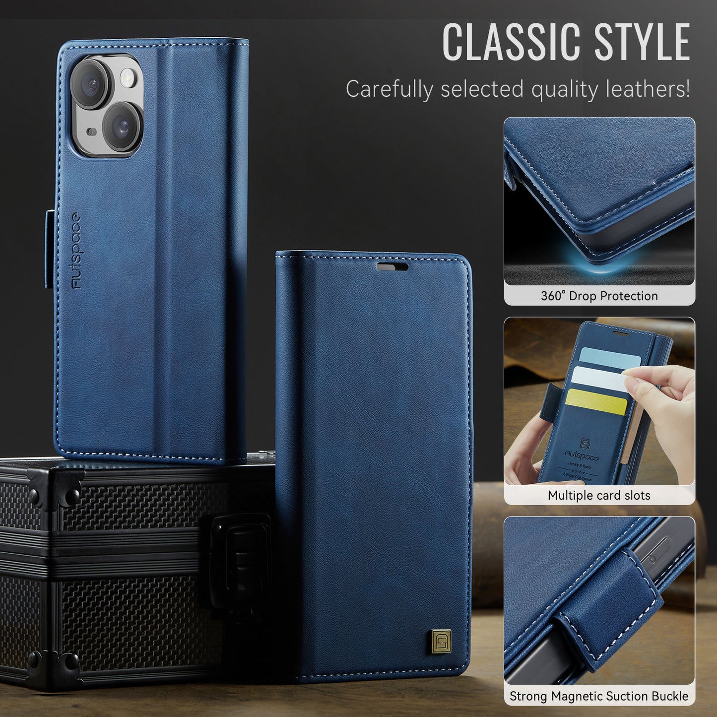 For iPhone 14 Case AUTSPACE A11 RFID Blocking Retro Leather Cell Phone Wallet Cover - Blue