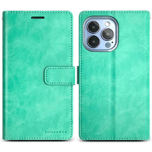 SIMPLY ROAR For iPhone 14 Pro Max Leather Case Wallet Flip Stand Phone Cover - Light Green