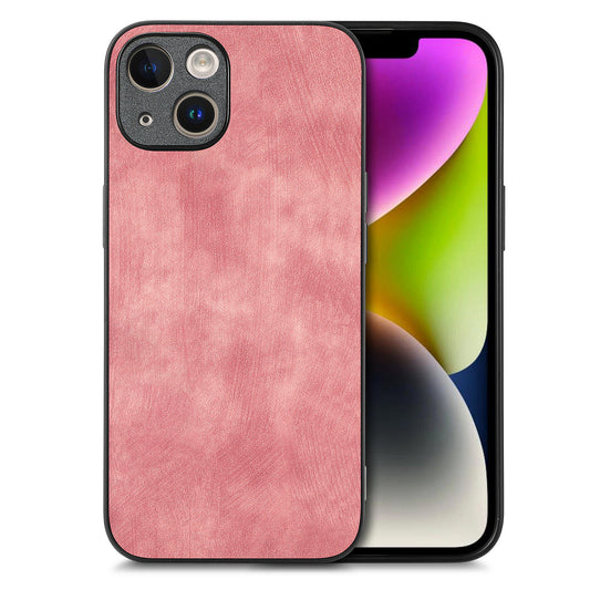 For iPhone 14 Case Shockproof Slim Retro Leather Phone Back Cover - Pink