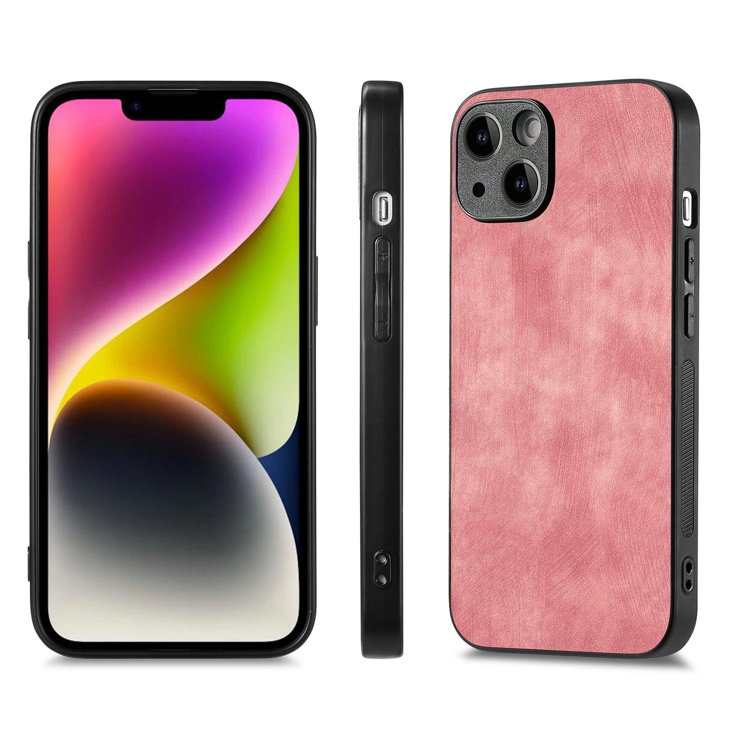 For iPhone 14 Case Shockproof Slim Retro Leather Phone Back Cover - Pink