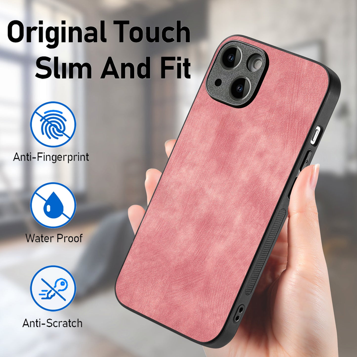 For iPhone 14 Case Shockproof Slim Retro Leather Phone Back Cover - Pink