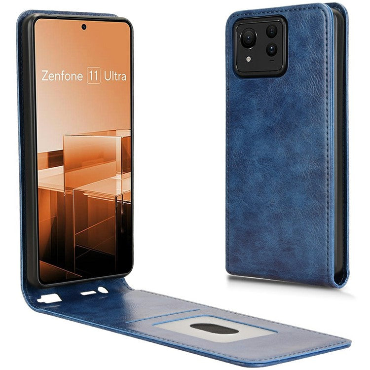 For Asus Zenfone 11 Ultra 5G Case with Card Slot Magnetic Vertical Flip Leather Phone Cover - Dark Blue