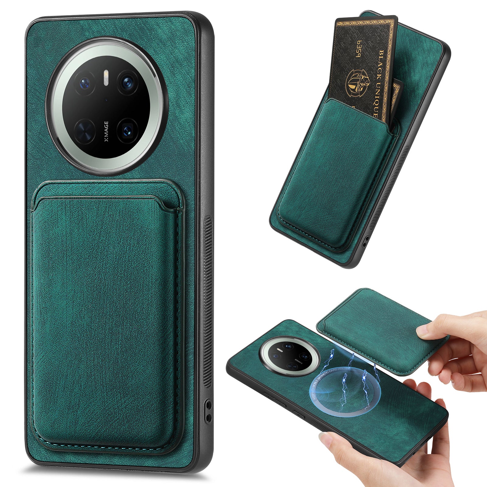 For Huawei Mate 70 Case Compatible with MagSafe Leather Back Cover with Detachable Card Holder - Green