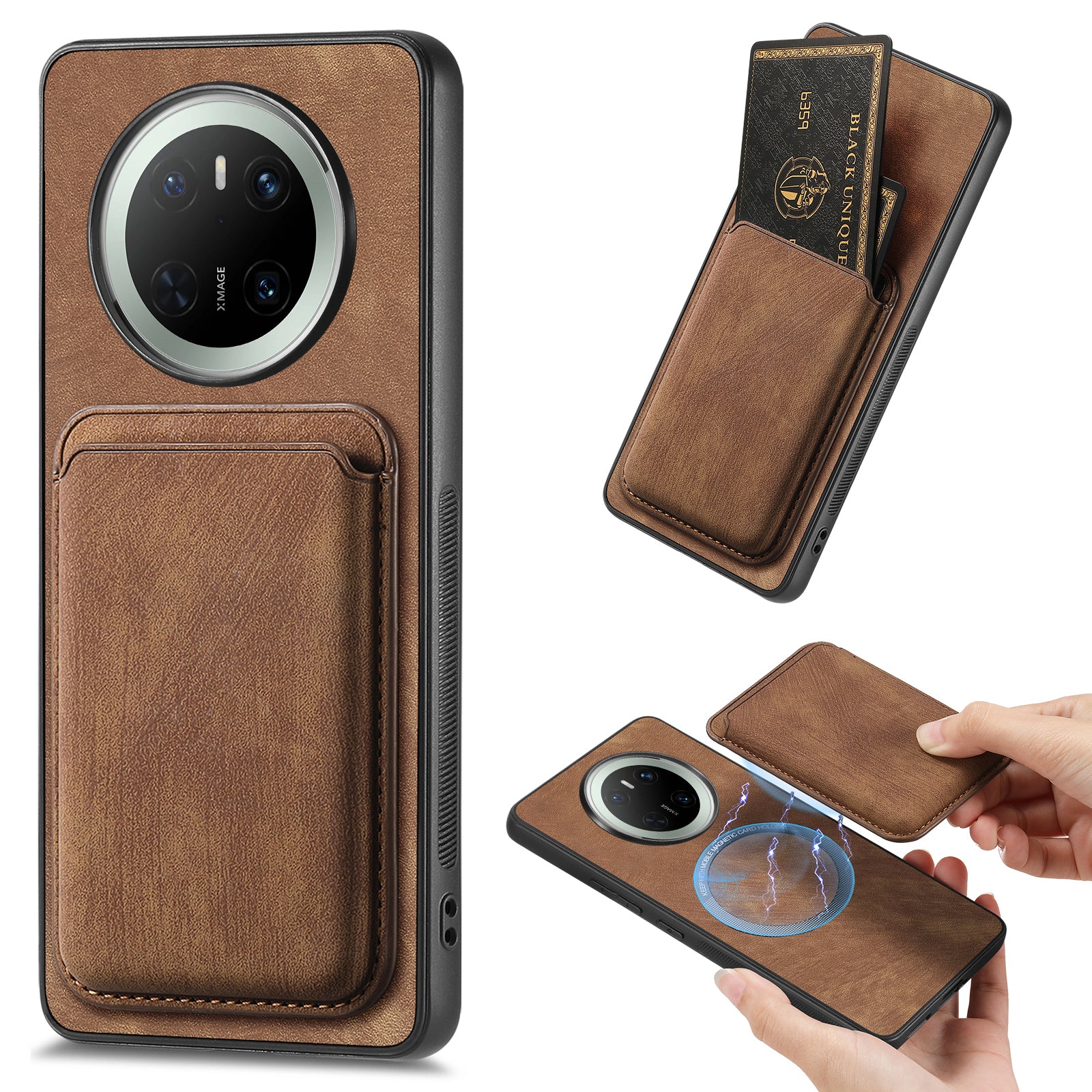 For Huawei Mate 70 Case Compatible with MagSafe Leather Back Cover with Detachable Card Holder - Brown