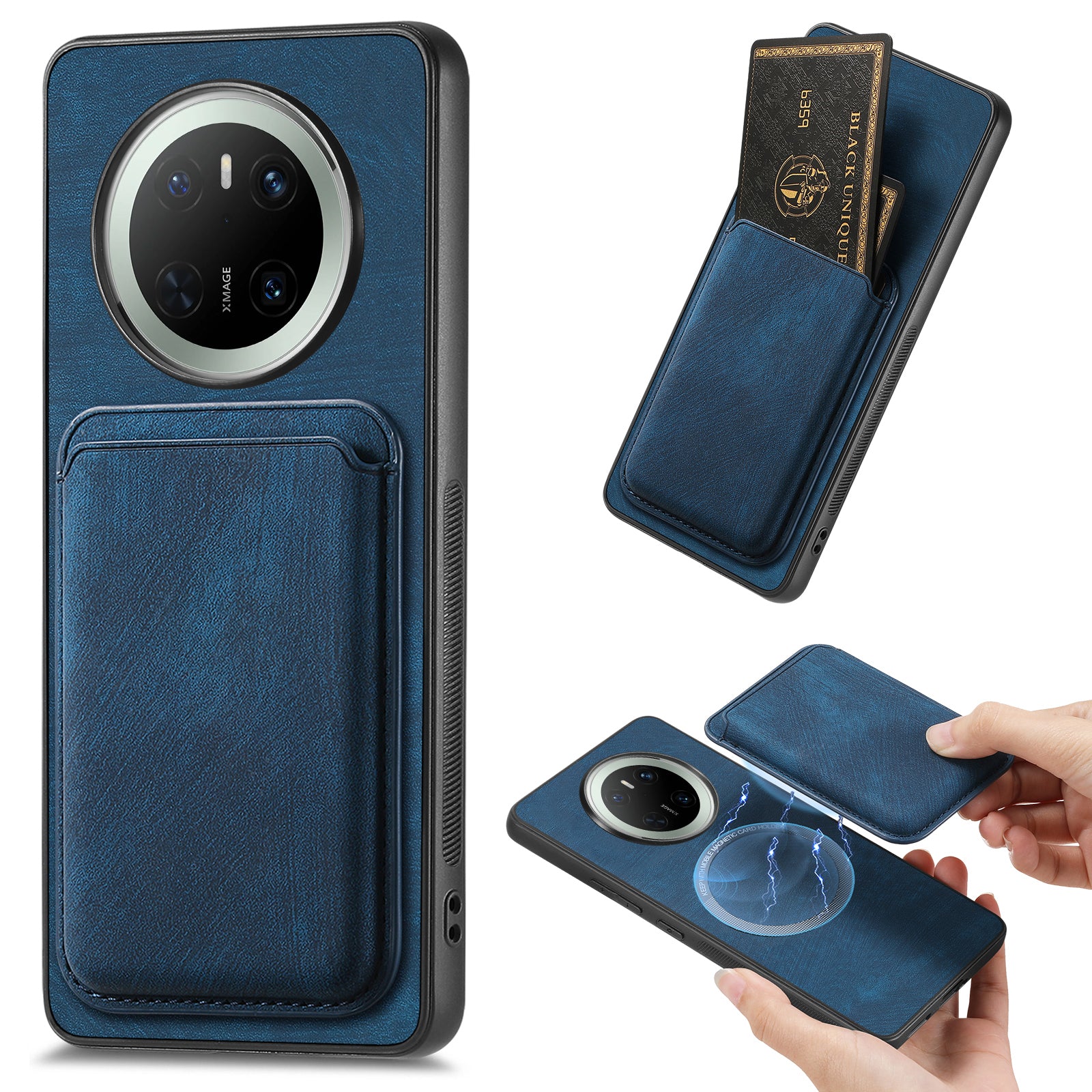 For Huawei Mate 70 Case Compatible with MagSafe Leather Back Cover with Detachable Card Holder - Blue