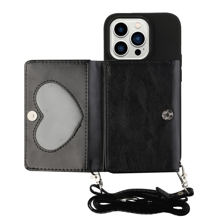 PU Leather Wallet TPU Case for iPhone 14 Pro, Kickstand Anti-scratch Phone Cover with Shoulder Strap - Black
