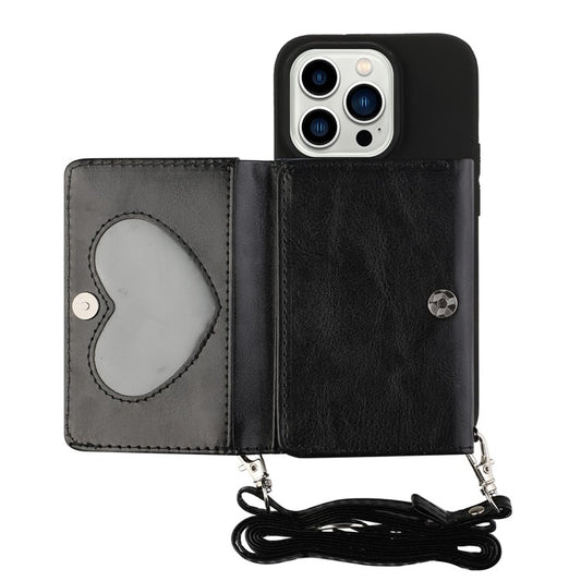 PU Leather Wallet TPU Case for iPhone 14 Pro, Kickstand Anti-scratch Phone Cover with Shoulder Strap - Black
