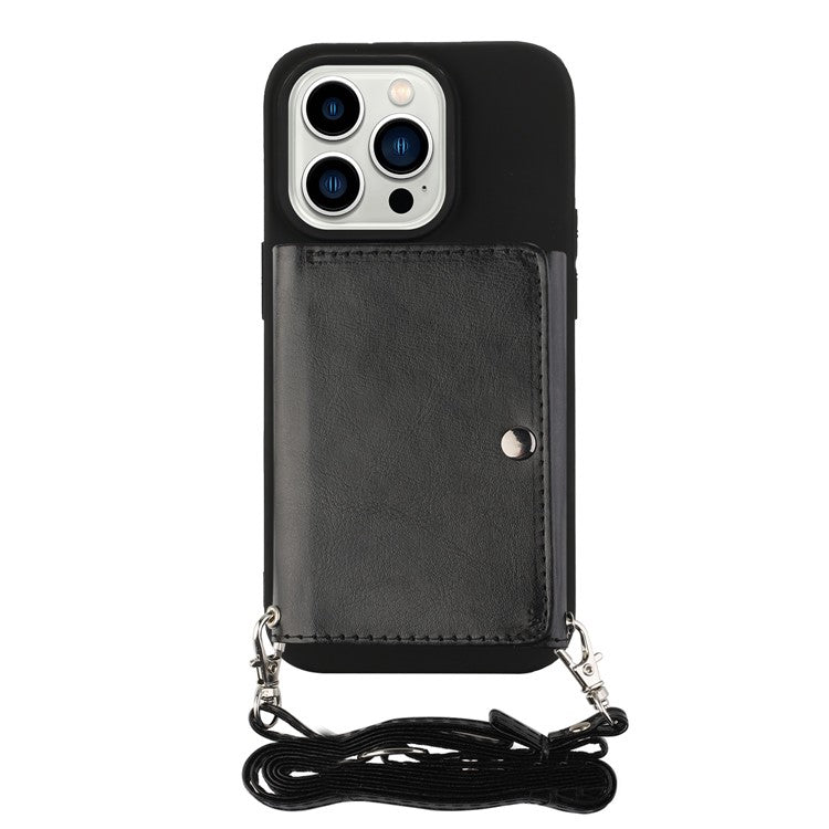 PU Leather Wallet TPU Case for iPhone 14 Pro, Kickstand Anti-scratch Phone Cover with Shoulder Strap - Black