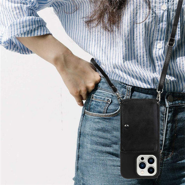 PU Leather Wallet TPU Case for iPhone 14 Pro, Kickstand Anti-scratch Phone Cover with Shoulder Strap - Black